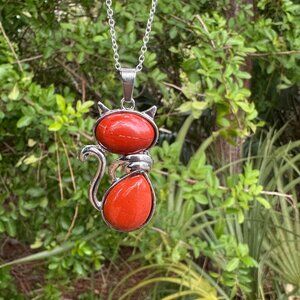 Large Red Jasper Cat Pendant Necklace